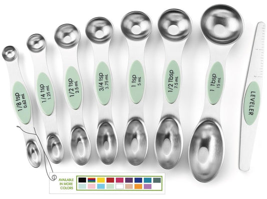 Spring Chef Stainless Steel Magnetic Measuring Spoons Set of 8 with Leveler, Dual Sided Teaspoon & Tablespoon Set, Nesting Metal Kitchen Gadgets for Baking & Cooking, Fits in Spice Jars - Pistachio