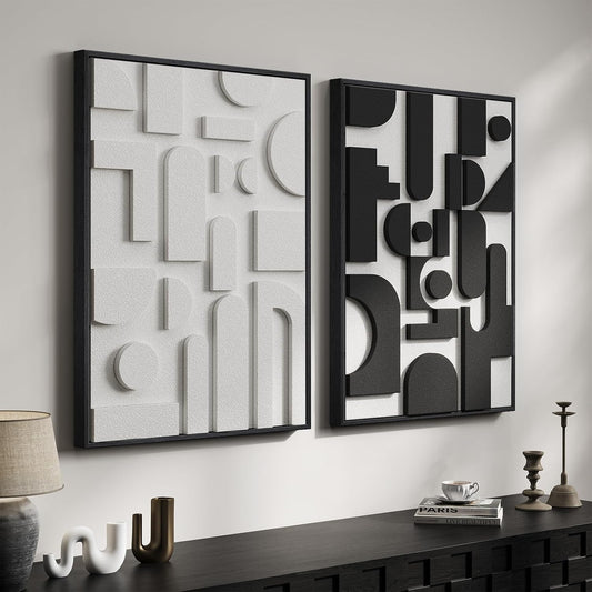 Skiennix 3D Textured Black and White Abstract Wall Art - Set of 2 Modern Paintings for Living Room | 24x36 In