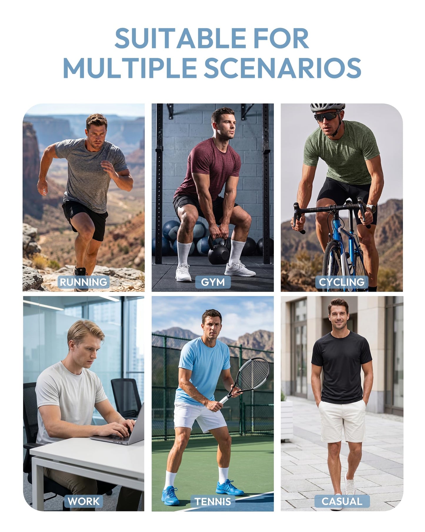 MCPORO Workout Shirts for Men Short Sleeve Quick Dry Athletic Gym Active T Shirt Moisture Wicking 5 Pack Black, Dark Blue, Army Green, Light Grey, Hydro Teal Medium