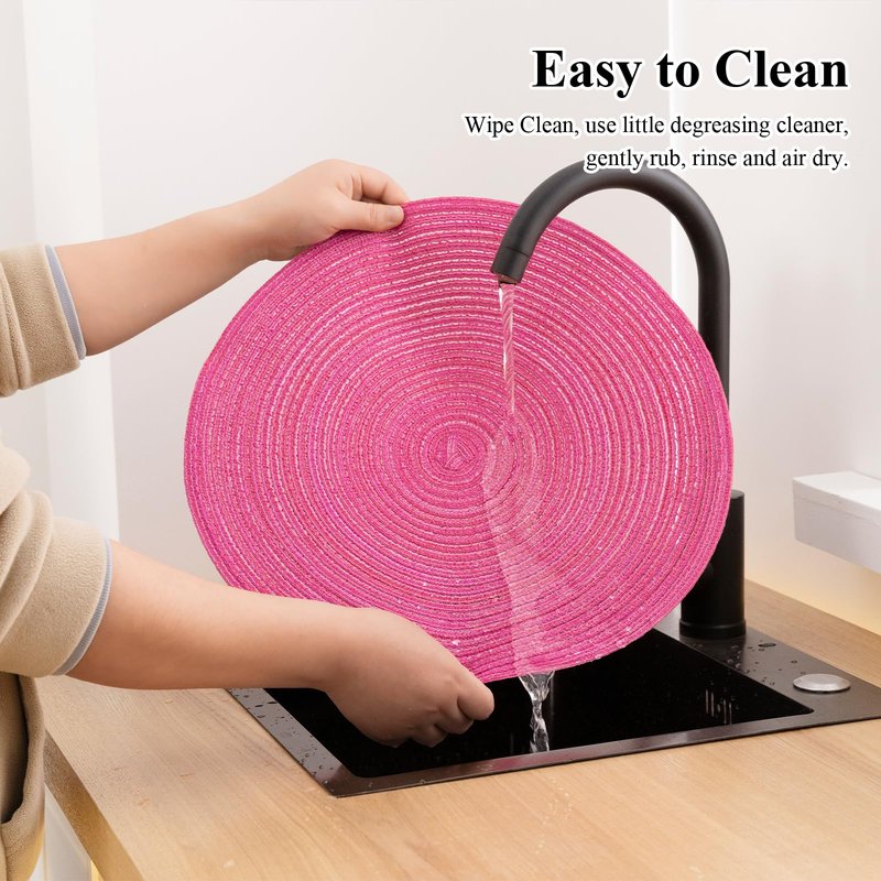 SHACOS Round Braided Placemats Set of 6 Cotton Round Place Mats 15 inch Washable Table Mats for Dining Table Holiday Party (Hot Pink, 6)