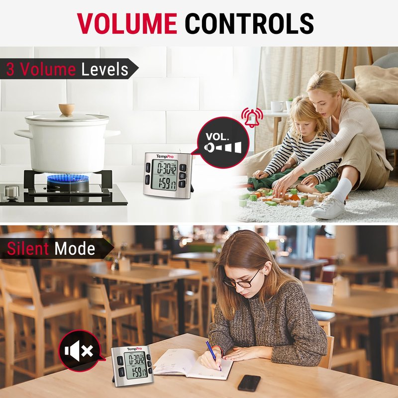 TempPro TM02 24H Digital Timer with Dual Kitchen Timers for Cooking, Magnetic Timer Clock with Adjustable Alarm Volume & LCD Backlit Display, Classroom Timer for Kids & Teachers(Previously ThermoPro)