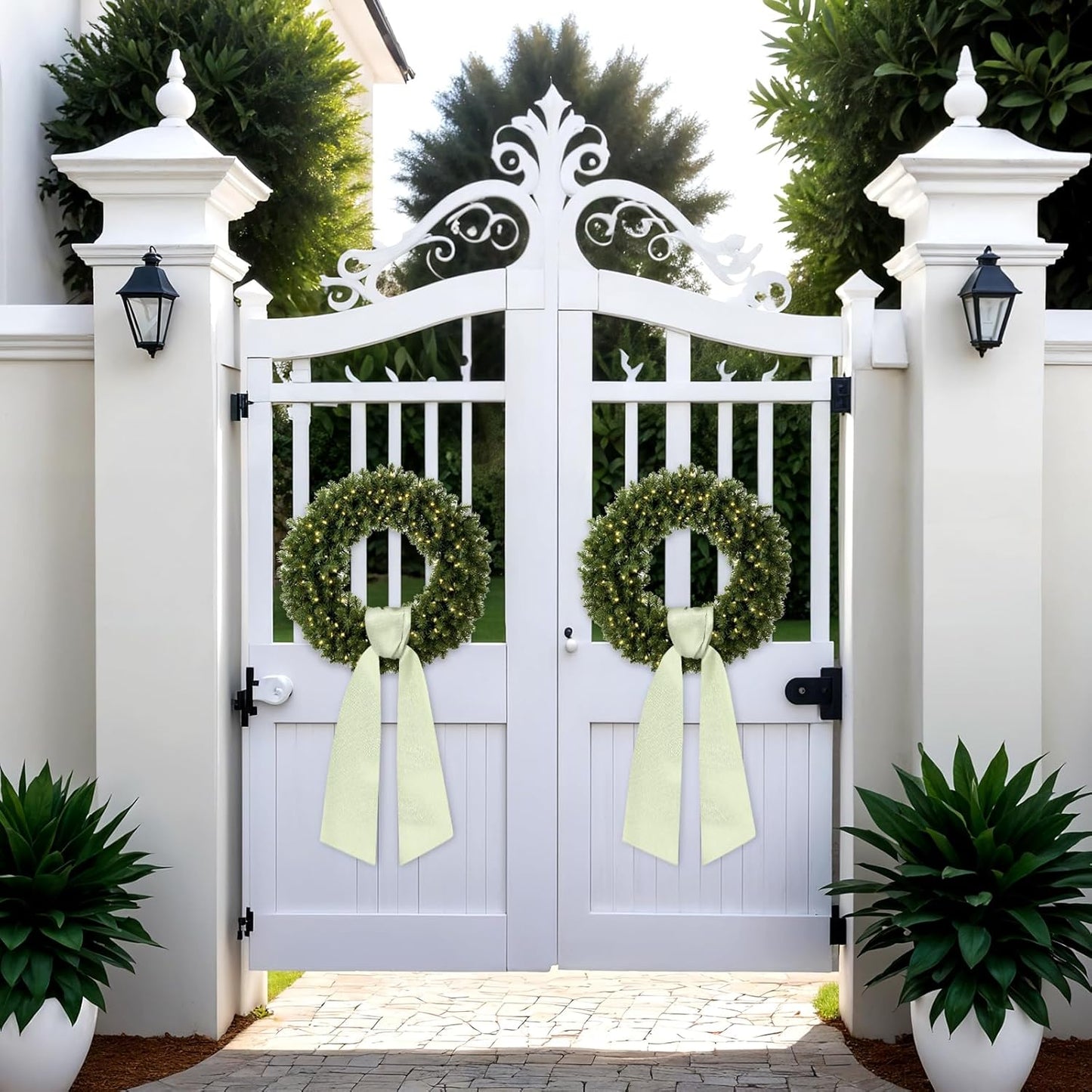 Skiennix Sage Green Wreath Sash - Blank Satin Monogram Sash for Front Door Decor | 2 Pcs Set