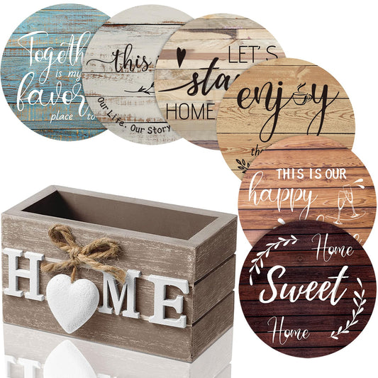Queekay Coasters Set of 6 House Warming Gifts New Home Wooden Farmhouse Drink Coasters with Holder 4'' Funny Decoration for Kitchen Family Coffee Bar Tabletop Protection(Farmhouse Color)