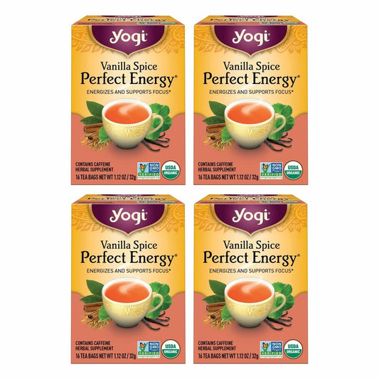 Yogi Tea Vanilla Spice Perfect Energy - 16 Bags per Pack (4 Packs) - Organic Vanilla Energy Tea - Focus Tea - Includes Green Tea, Black Tea, Ashwagandha, L-Theanine & More