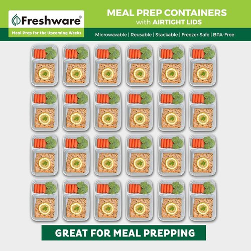 Freshware Meal Prep Containers - 25 Pack 2-Compartment Bento Boxes | BPA-Free, Stackable, Microwave Safe (28 oz) - Grey