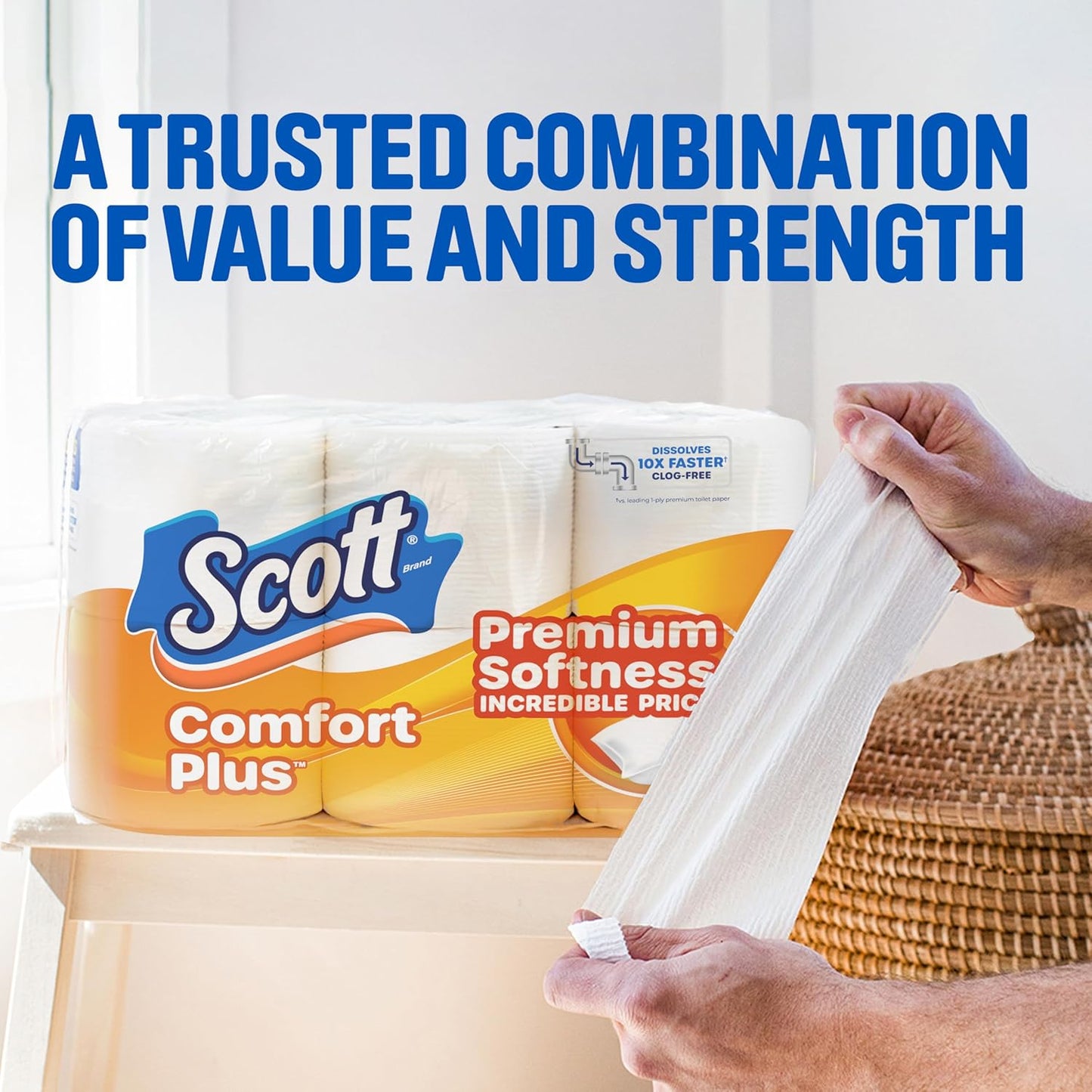 Scott ComfortPlus Toilet Paper - 12 Triple Rolls | 231 Sheets Each - Septic-Safe & Soft 1-Ply