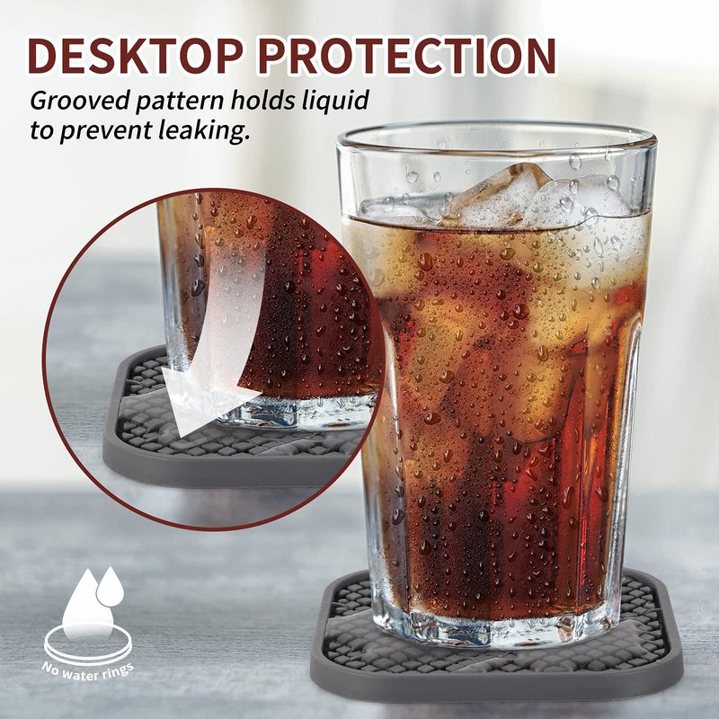 ME.FAN Silicone Coasters with Holder [6 Pack] Square Drink Cup Mat - Non-Slip, Non-stick, Stay Put, Deep Tray - Prevents Furniture and Tabletop Damages Deep Gray