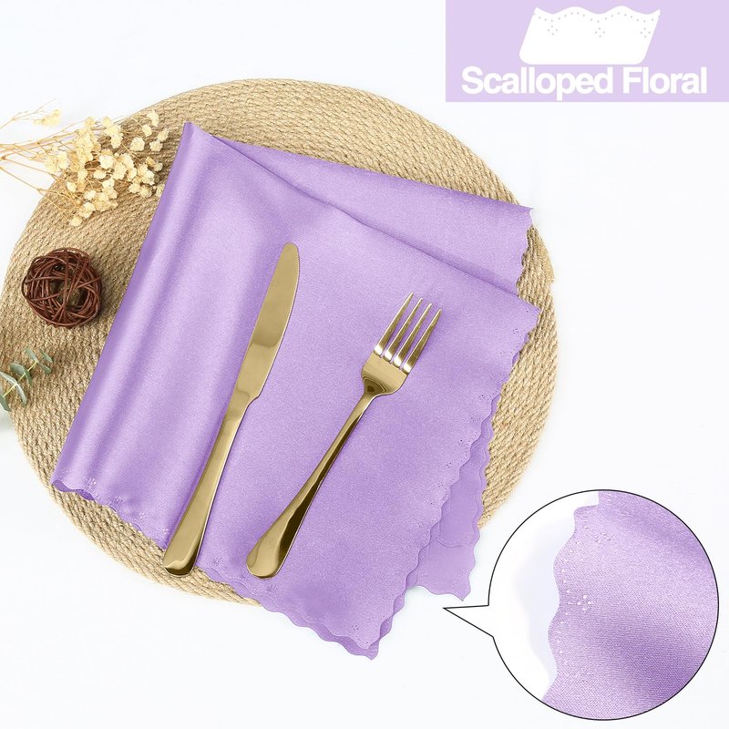 Homiest 12 Pack Light Purple Satin Dinner Napkins - 17x17 Inches, Scalloped, Silky Elegant Wedding & Party Napkins