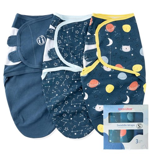 Insular Baby Swaddle Wrap - Adjustable Soft Cotton Swaddling Set for Newborns | 3 Pack, Space Design (0-3 Months)