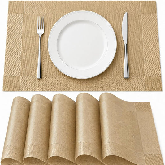FGSAEOR Champagne Gold Table Placemats Set of 6, Woven Pattern 12 x 18 Inch, Washable Heat Resistant Dining Place Mats for Kitchen Table Decor