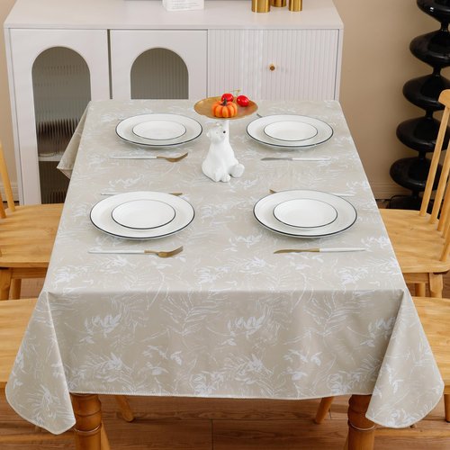 Heavy Duty Vinyl Tablecloth with Flannel Backing Waterproof Oil-Proof Plastic Table Cloth Stain-Resistant Wipeable Rectangle or Square Table Cover for Indoor and Outdoor (Beige Leaf，60x102 Inch)