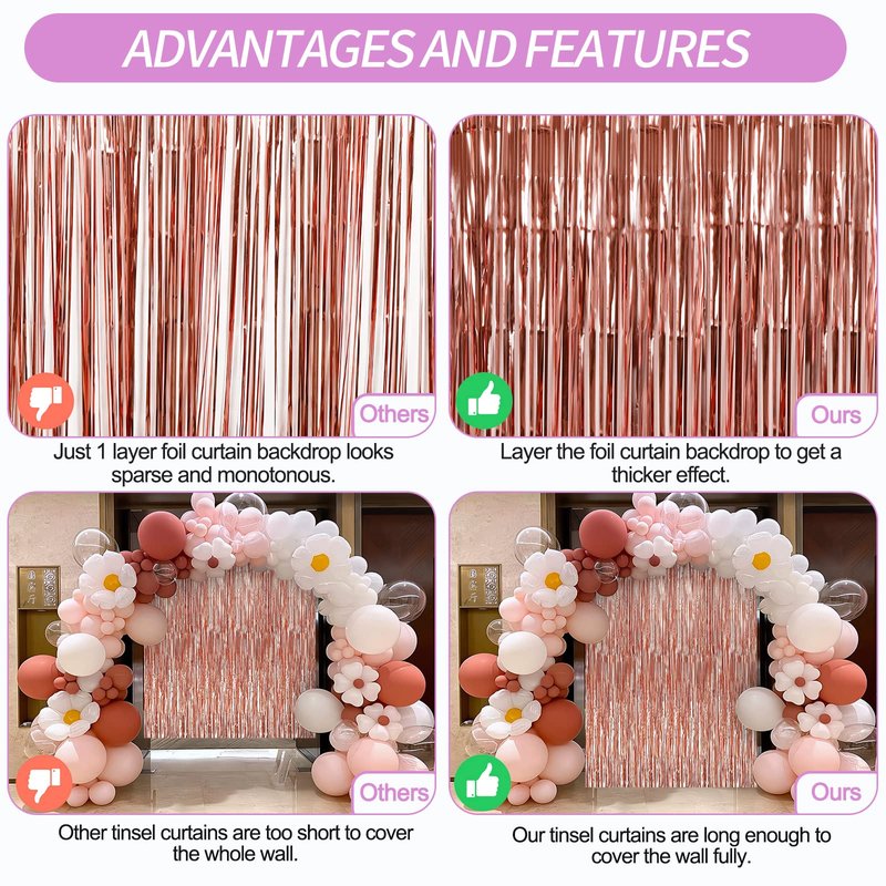Crosize 4 Pack 3.3 x 9.9 ft Rose Gold Foil Fringe Backdrop Curtain, Streamer Backdrop Curtains, Streamers Birthday Party Decorations, Tinsel Curtain for Parties, Photo Booth Backdrops, Party Décor