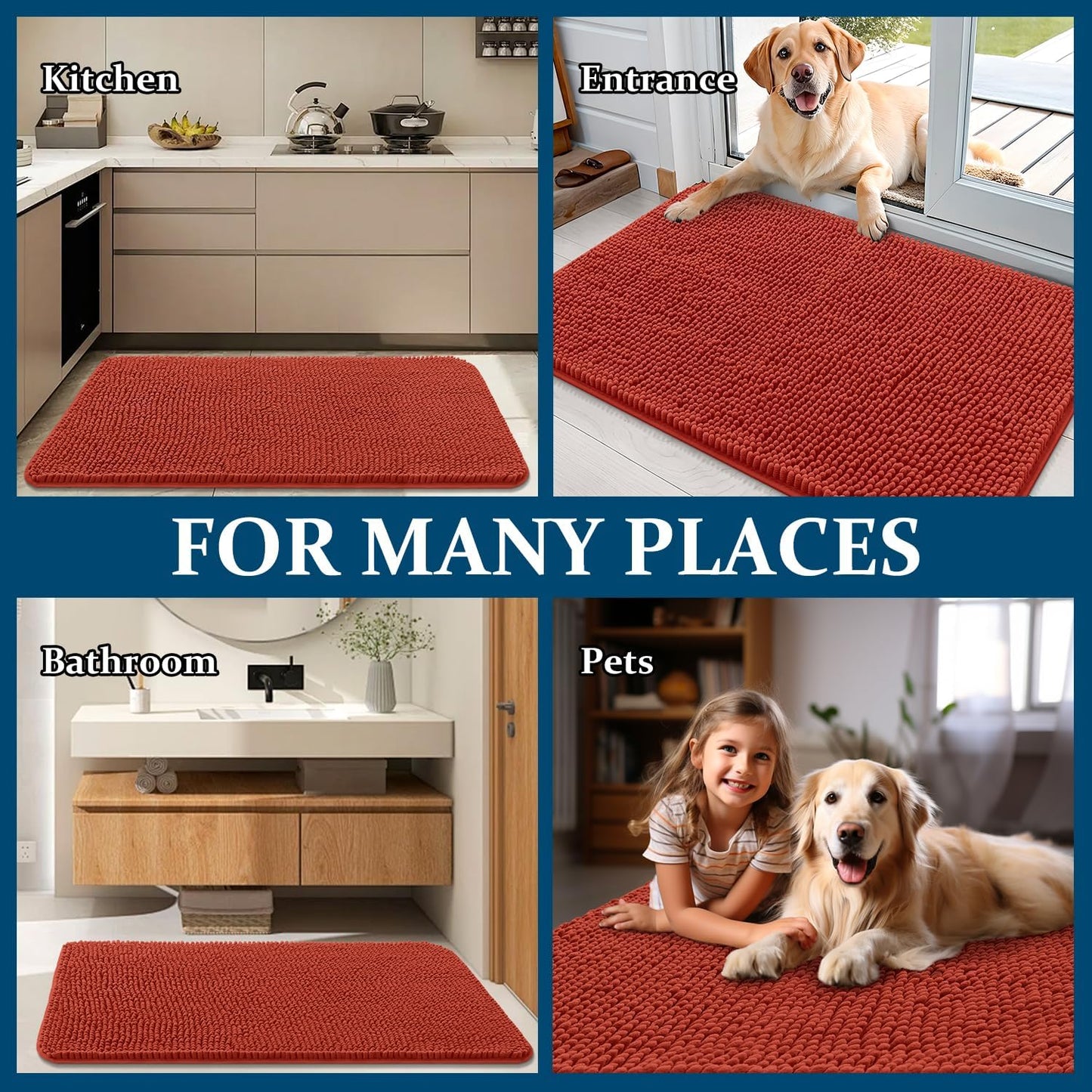 OLANLY Dog Door Mat - Absorbent Non-Slip Washable Chenille Mat for Muddy Paws | 54x32, Maple Red