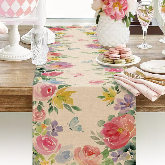 Seliem Spring Summer Floral Flower Table Runner, Watercolor Rose Peony Eucalyptus Leaves Butterfly Kitchen Dining Table Decor, Seasonal Home Decoration Indoor Outdoor Party Supply 13 x 72 Inches