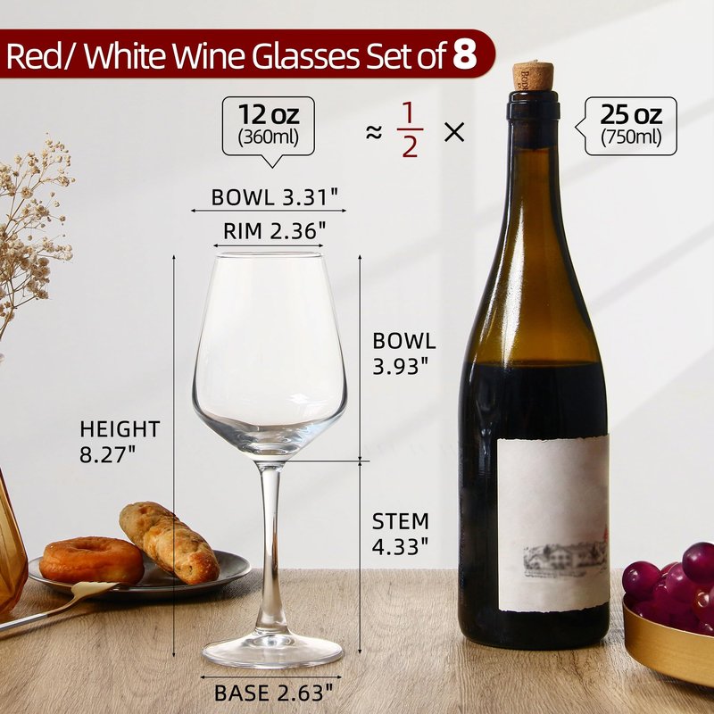 SHYRC Wine Glasses Set of 8, 12oz Clear Red/White, Long Stem Wine Glasses for Party, Wedding and Home