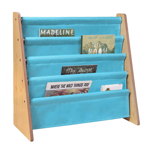 Wildkin Wooden Sling Bookshelf for Kids – Premium Canvas Design with 4 Fabric Shelves, Organizer for Home or Classroom - Natural w/Aqua