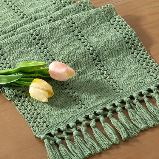 Socomi Boho Table Runner Summer Farmhouse Rustic Dining Kitchen Centerpiece Decor Small Macrame Woven Cotton Linen Coffee Table Runner for Dresser Scarf Home Decor Sage Green 12x48 inch