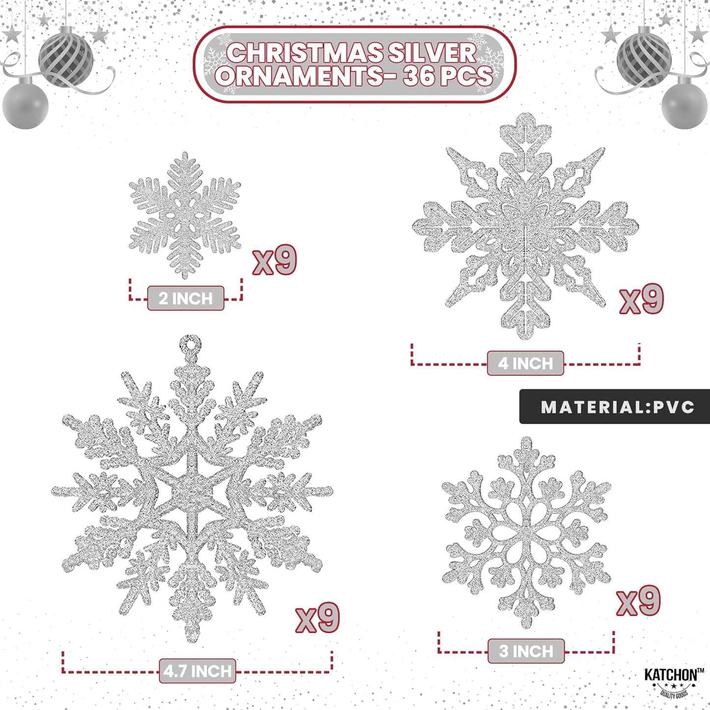 KatchOn Silver Snowflake Ornaments - Large Pack of 36 | Glittery Christmas Tree Decor | Winter Party Decorations