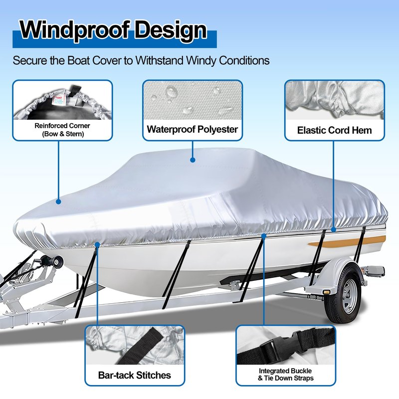 iCOVER Trailerable Boat Cover- 16'-18.5' Heavy Duty Waterproof Tarp Covers with Storage Bag, Fits V-Hull, Fish&Ski, Pro-Style, Fishing, Runabout, Bass Boats, up to 16ft-18.5ft Long X 94" Wide
