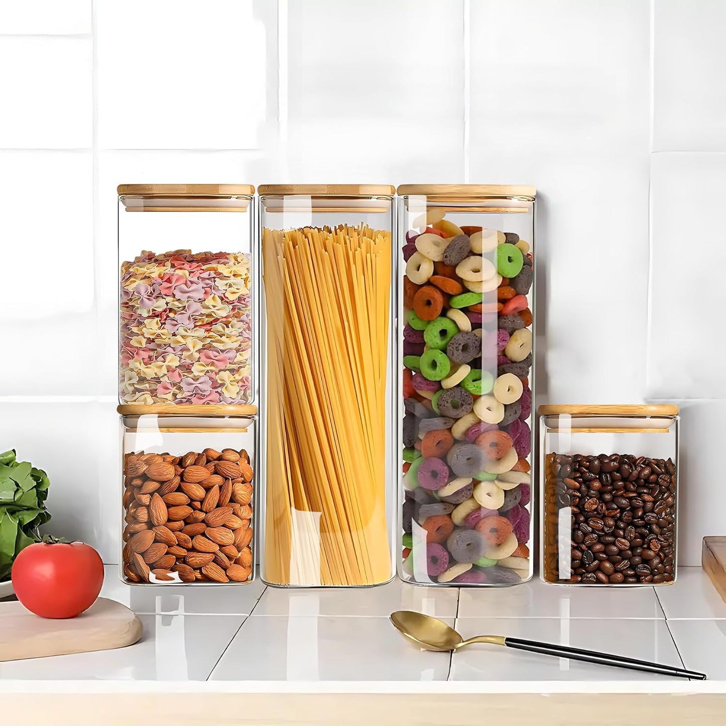 YMMIND Glass Food Storage Jars - Airtight Bamboo Lid Canisters Set of 3 | Clear Cylindrical Containers for Pasta, Coffee, Cookies, Nuts, Cereal, Oats, Flour