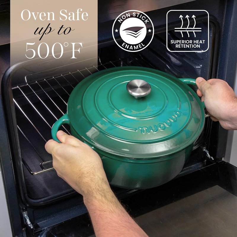 Cast Iron Dutch Oven with Lid – Non-Stick Ovenproof Enamelled Casserole Pot – Sturdy Dutch Oven Cookware – Dark Green, 7.3-Quart, 30cm – by Nuovva