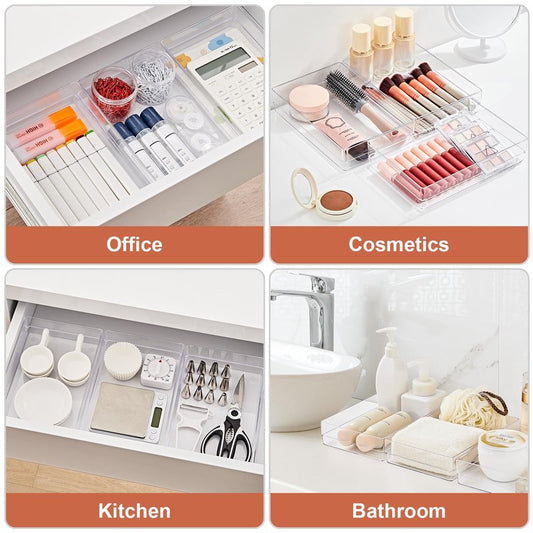 SMARTAKE 6 PCS Clear Plastic Drawer Organizers Set, Large Size Non-Slip Desk Drawer Organizer, Versatile Bathroom and Vanity Drawer Organizer Trays for Makeup, Bedroom, Office, Kitchen Utensils