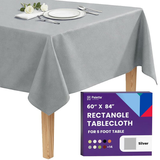 Gee Di Moda Rectangle Tablecloth - 60 x 84 Inch Silver Table Cloth for 5 Foot Rectangle Tables - Heavy Duty Washable Fabric - for Holiday Party, Dinner, Weddings, Baby Shower & Events