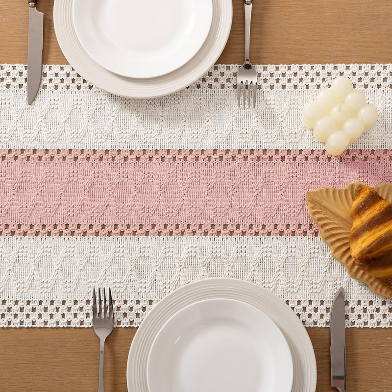 Socomi Boho Table Runner Easter Spring Farmhouse Rustic Dining Kitchen Centerpiece Decor Small Macrame Woven Cotton Linen Coffee Table Runner for Dresser Scarf Home Decor 12x36 inPink Ivory