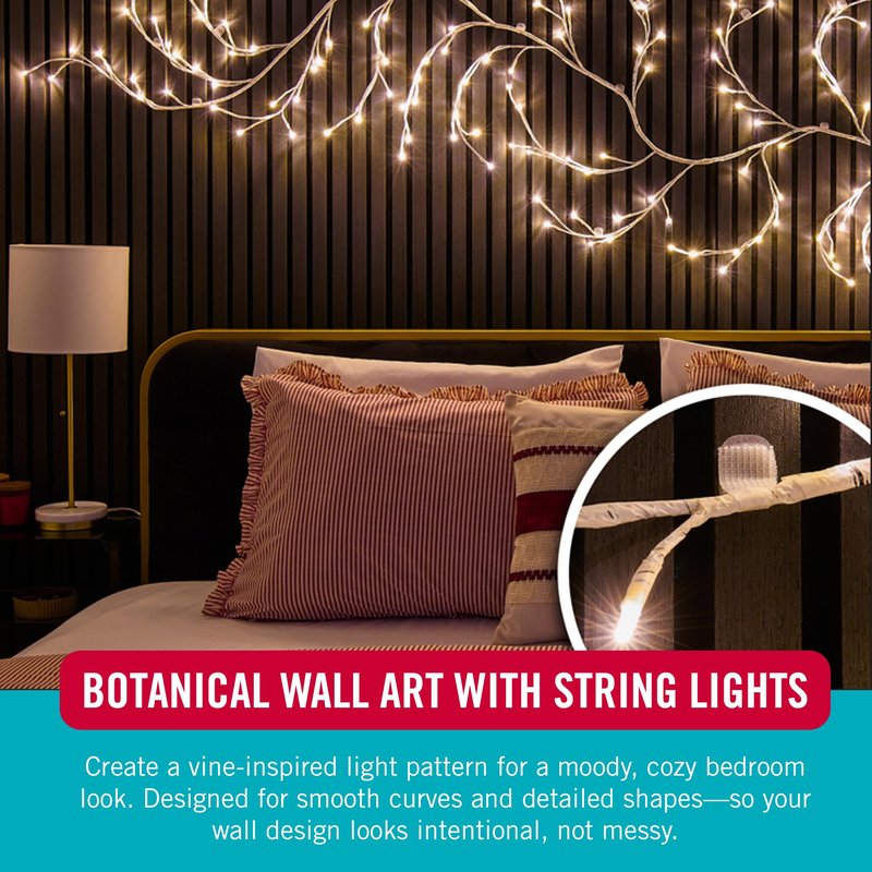 VELCRO Brand Indoor Light Clips for Hanging String Lights, Holds Up to 100 ft, Transparent Peel‑and‑Stick Wall Clips for Any Shape or Configuration, Damage‑Free and Removable, Pack of 48