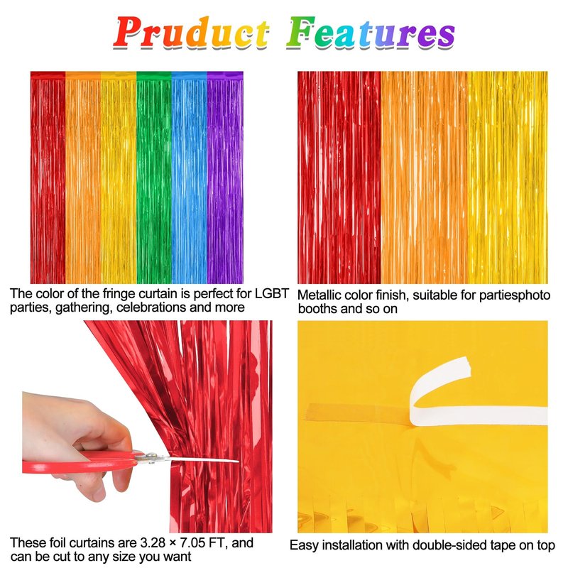 ZATAYE 4 Pack Pride Decorations, 3.28 FT x 7.05 FT Rainbow Backdrop, Metallic LGBT Party Decor Foil Tinsel Party Streamer Backdrop Curtains, Rainbow Curtains Birthday Photo Booth Props