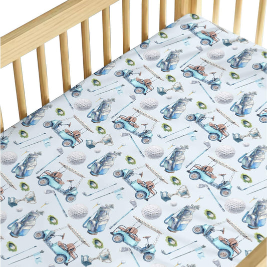 EyMzcod Baby Boys Standard Crib Sheet Covers Golf Gear Sport, Watercolor Blue Ball Glove Car Stick Snug Fitted Toddler Mattress Sheet, Soft Stretchy Breathable Kids Nursery Bed Decor Gift 52 x 28