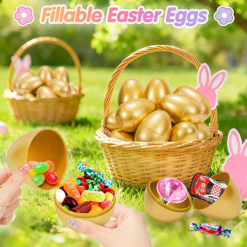 SevenQ Easter Eggs Fillers with Bunny Hair Clips Colorful 24 Pack, Easter Basket Stuffers Party Favors Gift Bags for Kids Cute Stuff Plush Fidget Toys Classroom Treasure Box Egg Hunt Games Supplies