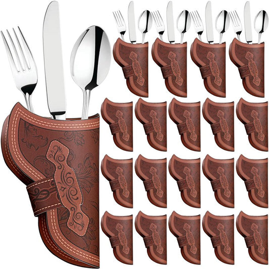 Newtay 48 Pcs Cowboy Holster Silverware Holders Cardstock Western Party Tableware Supplies Cutlery Sleeve Knife and Fork Holder Vintage Utensil Holders for Western Rodeo Party Favors (Brown)
