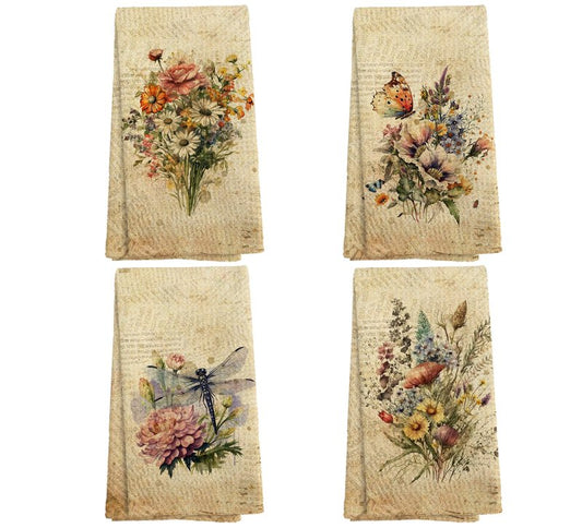 NOQL Vintage Floral Kitchen Towels and Dishcloths Set of 4, Floral Hand Towels, Retro Wildflowers Bouquet Dragonfly Butterfly Drying Cloth Hand Dish Tea Towel for Bathroom Kitchen, 16x24 Inches