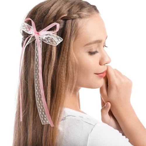HINZIC Hair Clips - 4pcs Coquette Lace Bows in Pink & White | Cute Bowknot Ribbon Barrettes for Women & Teens