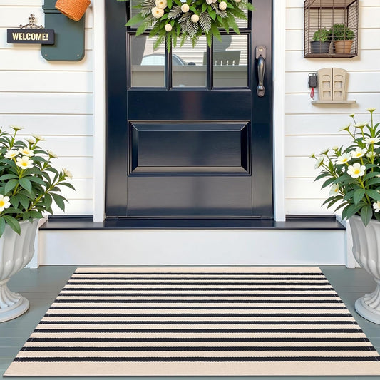 OLANLY Striped Rug - Washable Beige and Black Cotton Doormat | 2'4" x 3'7" for Indoor/Outdoor Use