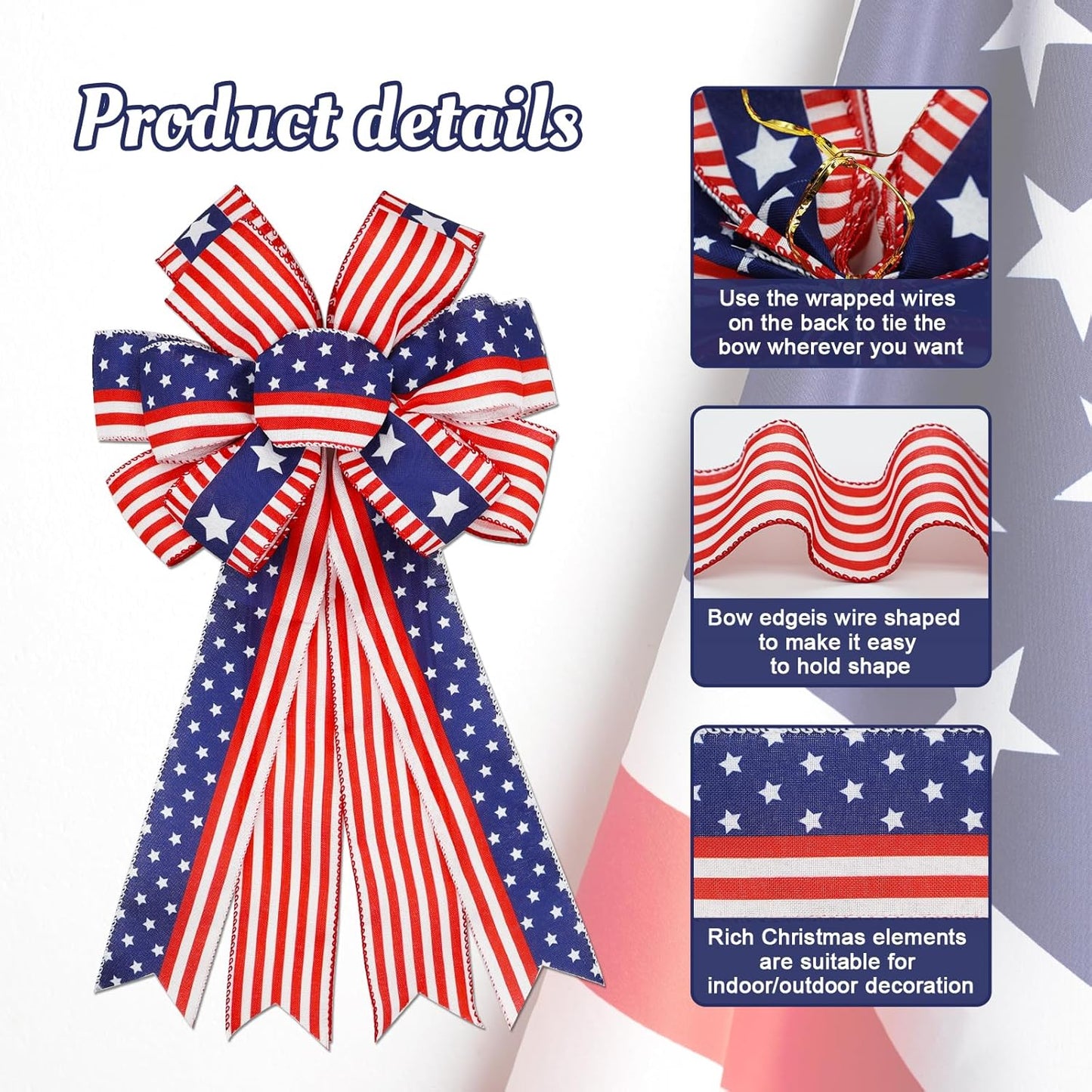 Skiennix Large 4th of July Bows - Pre-Tied Patriotic Wired Ribbon Bows, 20x11 Inch, 2 Pack (Red)