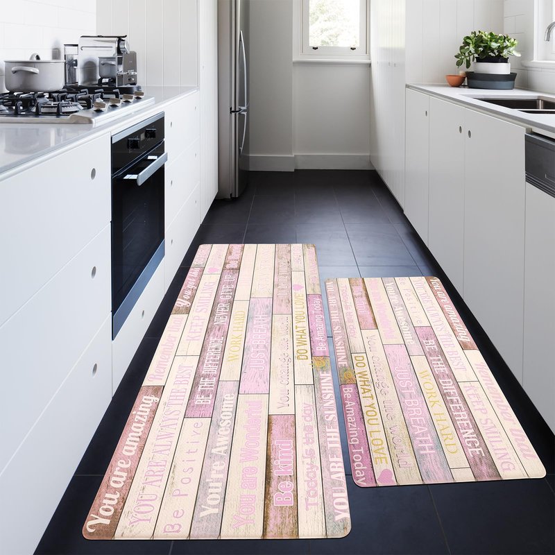 PCSWEET HOME Inspirational Positive Quotes Kitchen Mats for Floor Pink Anti Fatigue Mats for Kitchen Floor Cushioned Waterproof Pink Kitchen Decor Set