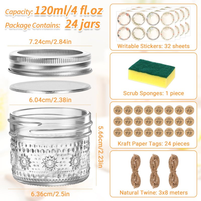 igoelove 4 oz Mason Jars with Embossed Pattern 24 Pack | Small Canning Jars with Airtight Lids | Mini Glass jars for Jams, Jelly, Honey, Spices, DIY Candles, Wedding Favors and Gift Packaging