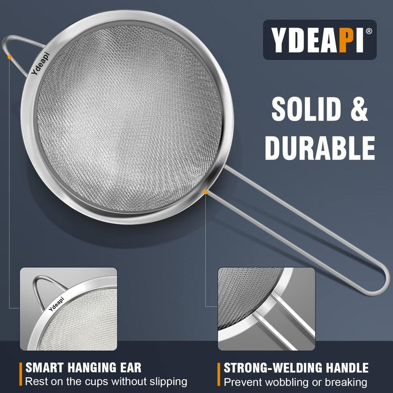 Ydeapi Fine Mesh Strainer, Stainless Steel Kitchen Strainers with Sturdy Handle, Set of 4 Metal Sieve for Food, Rice, Quinoa, Tea - 8.6", 6.3", 4.6", 2.7"