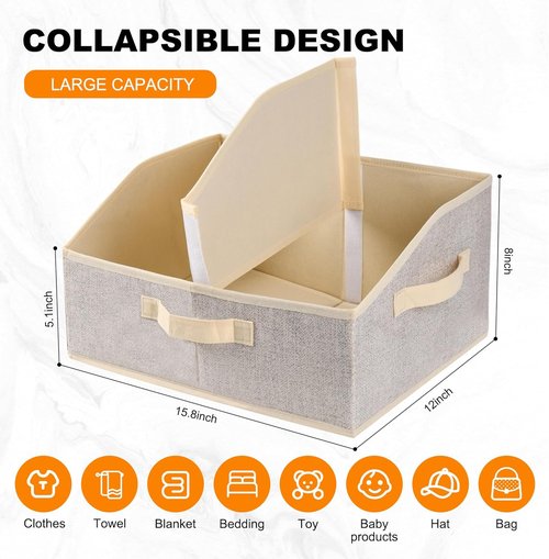 Closet Storage Bins - Large Organizer Baskets with Divider & Handles | 6 Pack Trapezoid Fabric Cubes - Beige