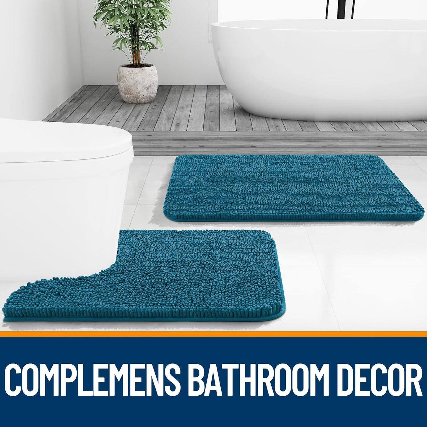 OLANLY U-Shaped Toilet Rug - Extra Soft Chenille, Quick-Dry, Non-Slip Bath Mat | 24x20, Peacock Blue