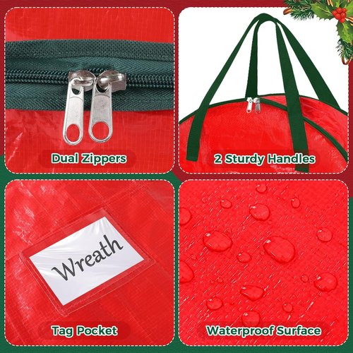DeckTheHalls Christmas Wreath Storage Container - 2-Pack Waterproof with Secure Zipper & Carry Handles | 30 Inch Year-Round Protection for Holiday Decor