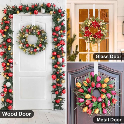 HEYHOUSE Wreath Hanger - Adjustable 14.9-25 Inch Metal Door Hook for 20 lbs Christmas Wreaths | White
