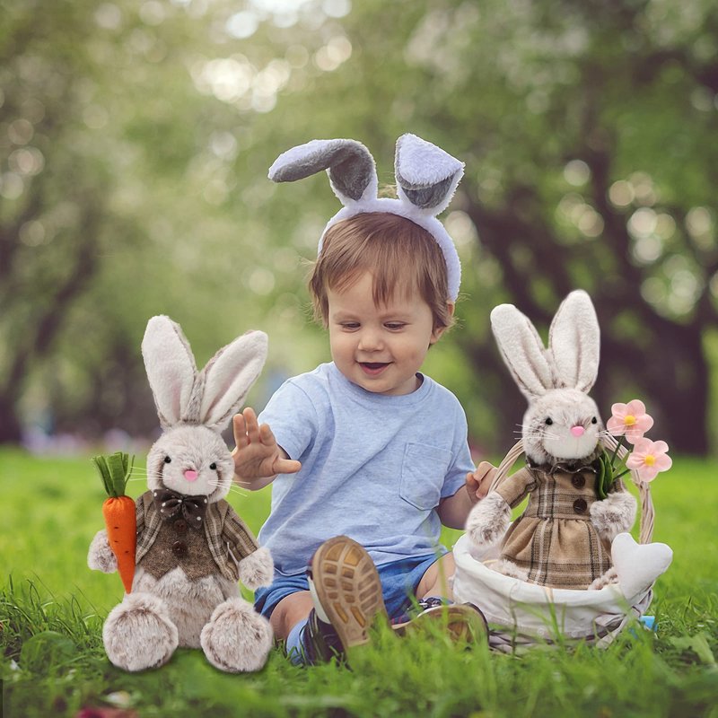 Juegoal 2 Pack Easter Bunny, 12.6" Handmade Huggable Rabbits Couple, Easter Basket Rabbits, Cute Bunny Party Favor Figurine, Spring Tabletop Holiday Room Decorations