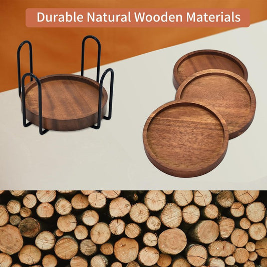 Wood Drink Coasters with Holder, Set of 4, Natural Absorbent Wooden Coasters for Drinks, Modern Rustic Farmhouse Office Bar Decor, Coffee Table Cup Coaster