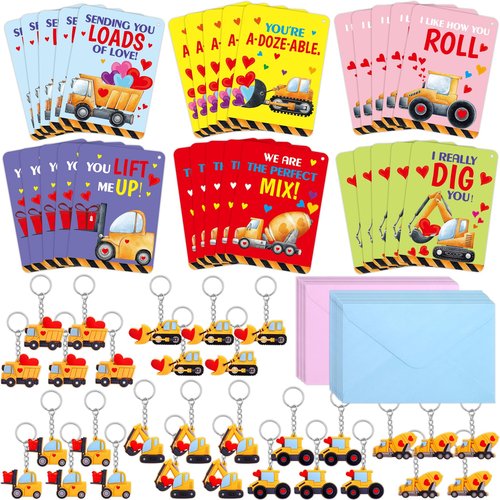 Fancy Land Construction Valentines Cards with keychains 30 Pack Classroom Kids Valentine's Day Cards with Keychains Exchange Gift Set Boys Girls Goody Bag Favors Truck Tractor
