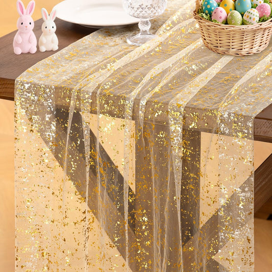 Socomi Gold Table Runner - Sheer Glitter Tulle for Weddings & Parties | 10FT Beige Centerpiece Decor