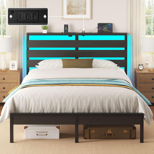 Rolanstar Full Size Bed Frame - LED Platform Bed with USB Charging Station & Wood Storage Headboard - Black