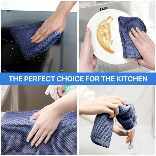 FreeNook 100% Cotton Waffle Weave Kitchen Towels, 6 Pack Dish Cloths for Washing Dishes, Ultra Soft Absorbent Dish Towels, Quick Drying Kitchen Rags, 12x12 Inches, Dark Blue
